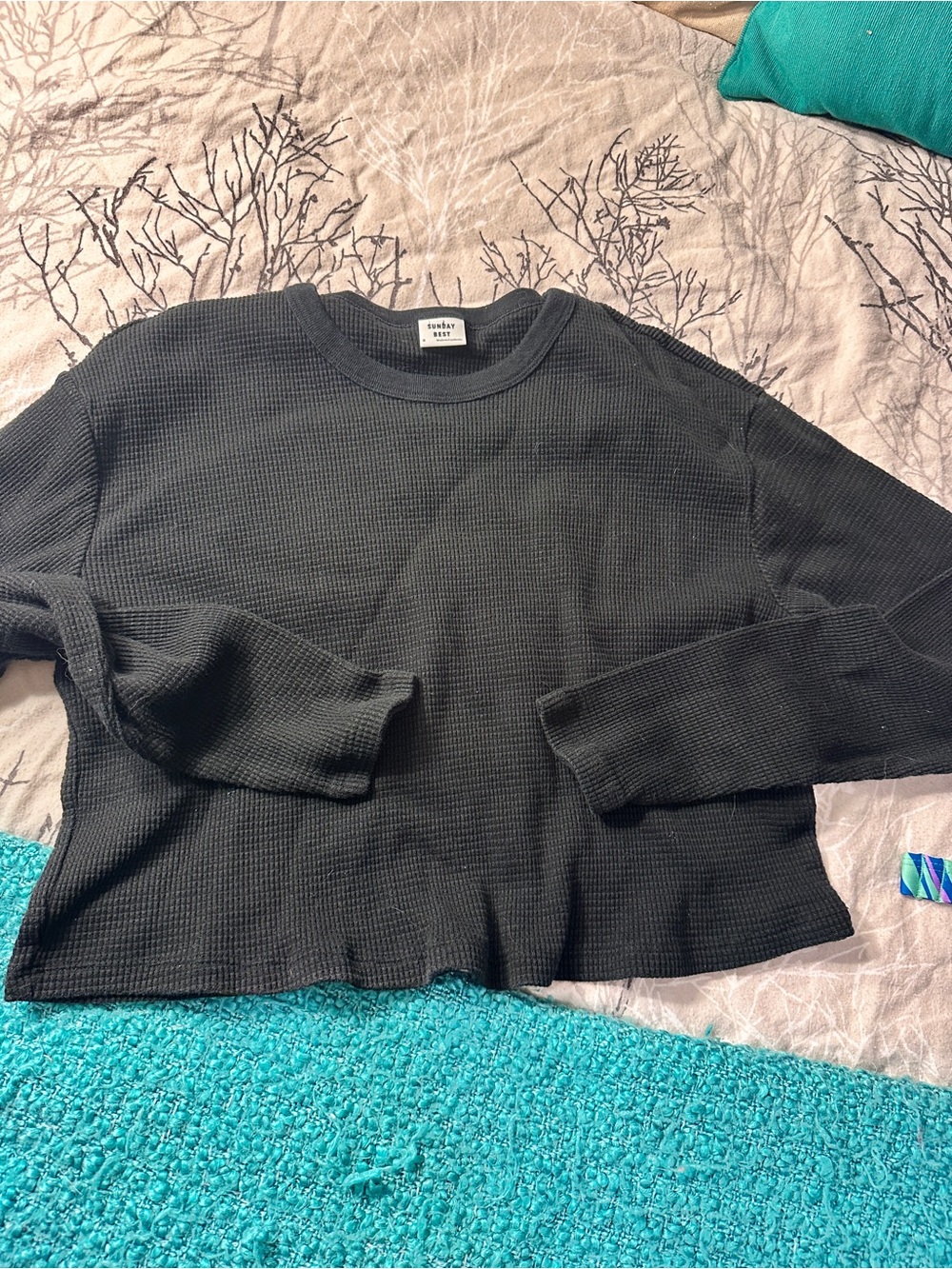 Sunday Best Black Waffle-Knit Long Sleeve Sweater, cropped